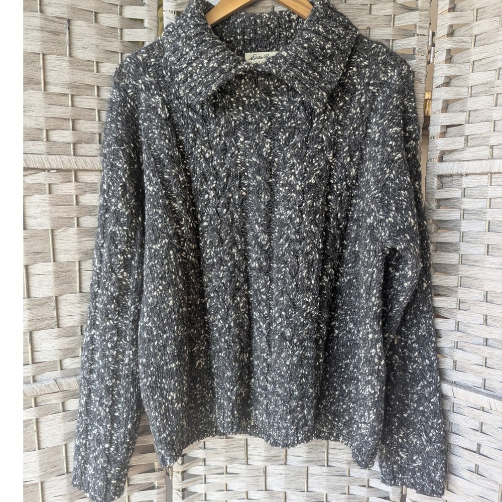 Vtg Eddie Bauer 100%‎ Wool Cable Knit Sweater Grey Marled Collared Womens Sz L